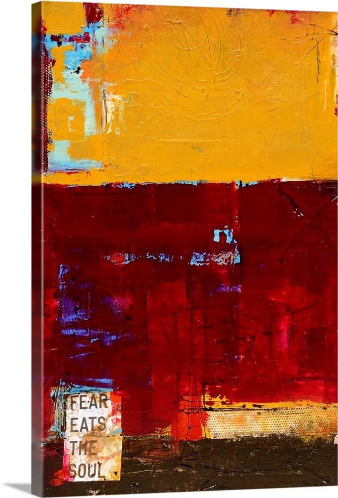 A vertical painting by a contemporary artist that is a variety of paint textures, complementary colors, and the text oFear...