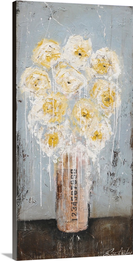 This heavily textured abstract artwork makes use of layered designs and accents of paint drips to create a bouquet of flow...