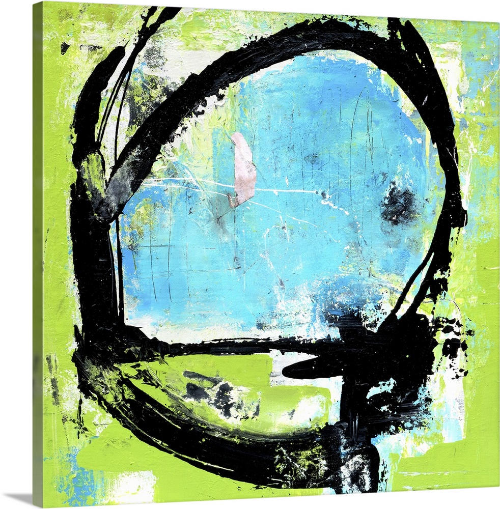 Contemporary abstract artwork in teal and bright green with bold black lines.