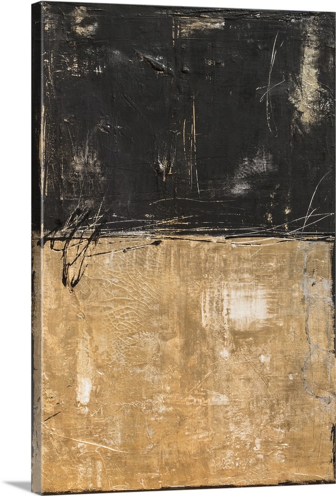 Abstract painting with textured gold and black splitting the painting in half with a thin, black squiggly lines running th...
