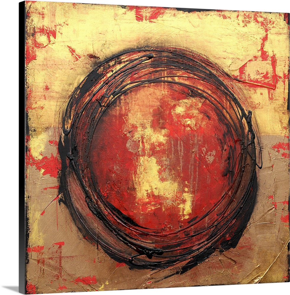 This heavily textured abstract artwork features an abstract circular design in paint drips with layered paint details thro...