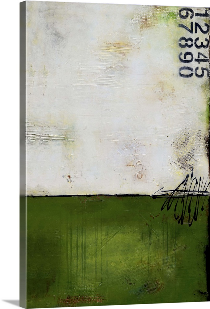 Contemporary abstract painting using dark green and stenciled numbers.