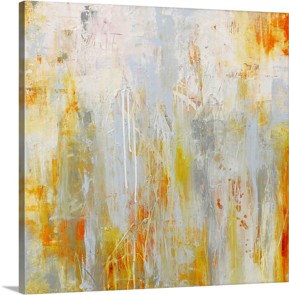 This abstract painting shows splatters and a dribbles of paint on a square shaped decorative accent for the home or office.
