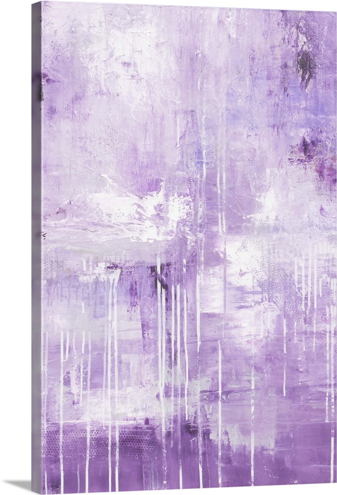 A contemporary abstract painting made up of mostly lavender mixed with darker shades of purple and soft white overlays wit...