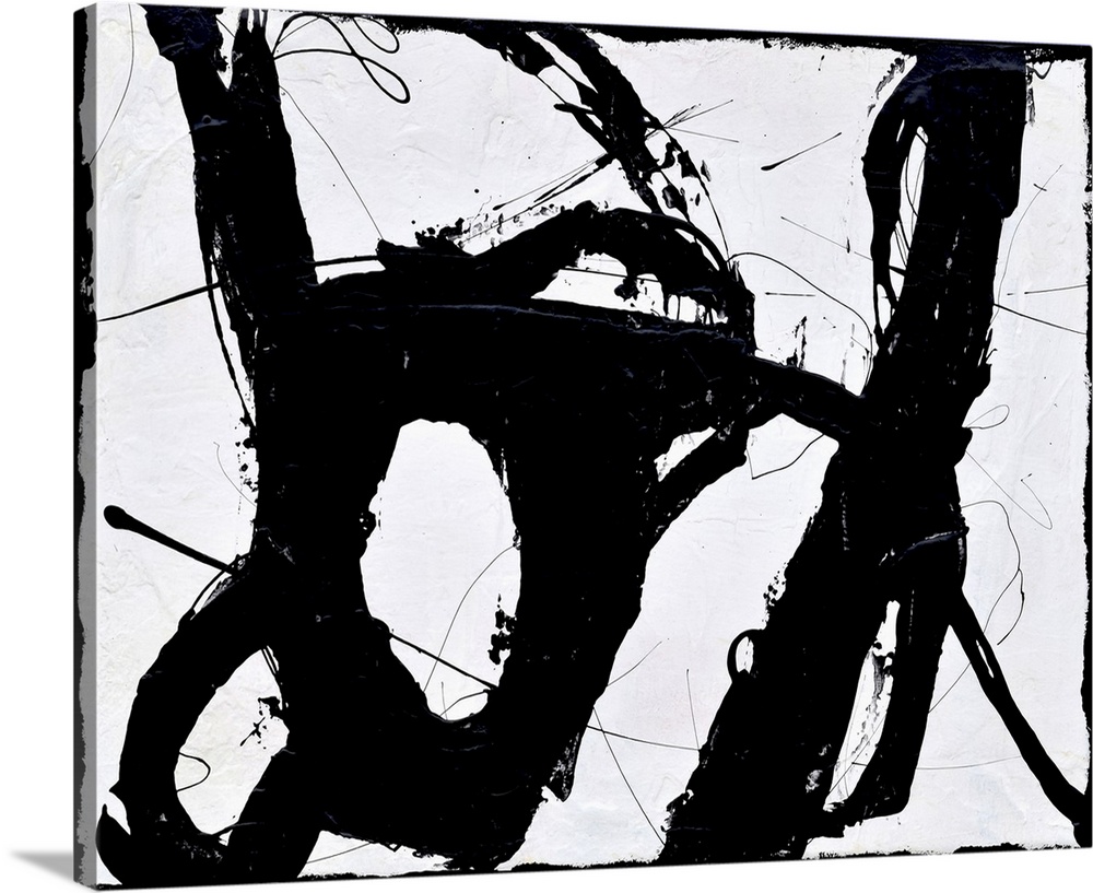 A contemporary abstract painting of bold black lines swirling against a white background.