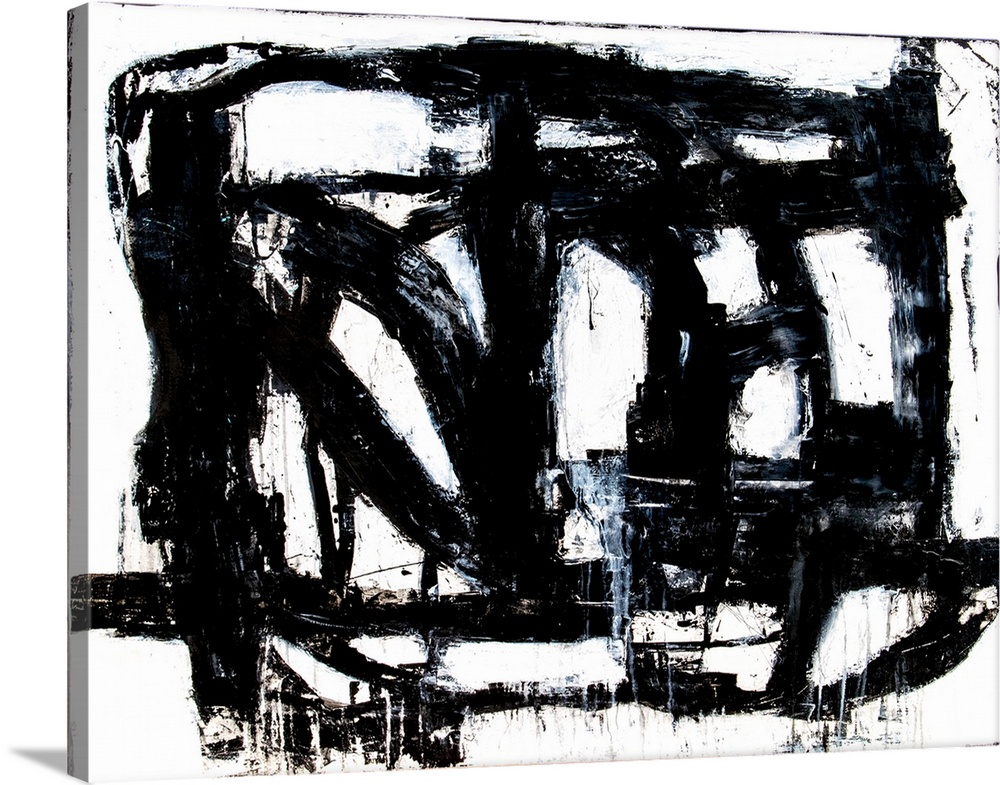 A black and white abstract painting of bold, black brush strokes going in different directions and overlapping.