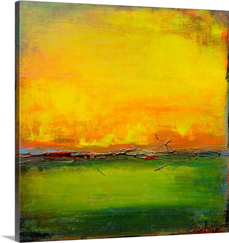 Contemporary color field style painting using vibrant green and yellow tones.