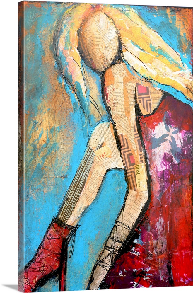 A contemporary mixed media collage of a woman in heels, blonde hair, sleeveless dress, and rendered without a face.