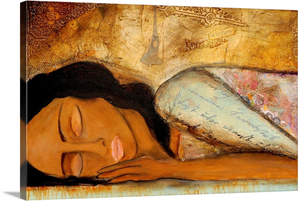 Large horizontal fine art of and African-American woman lying down with her eyes closed, on a background of golden scraps ...