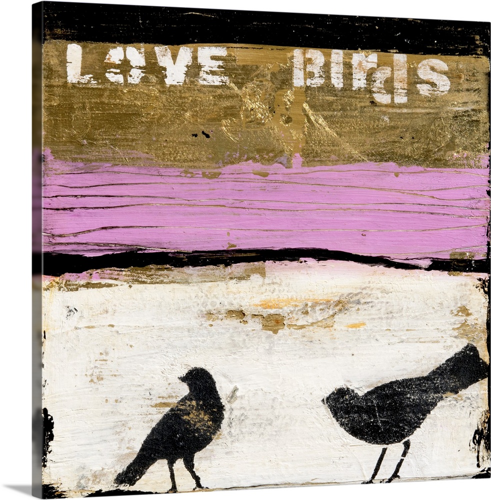 A square contemporary abstract painting of gold, pink, black, and white horizontal sections with the words ?Love Birds? pa...