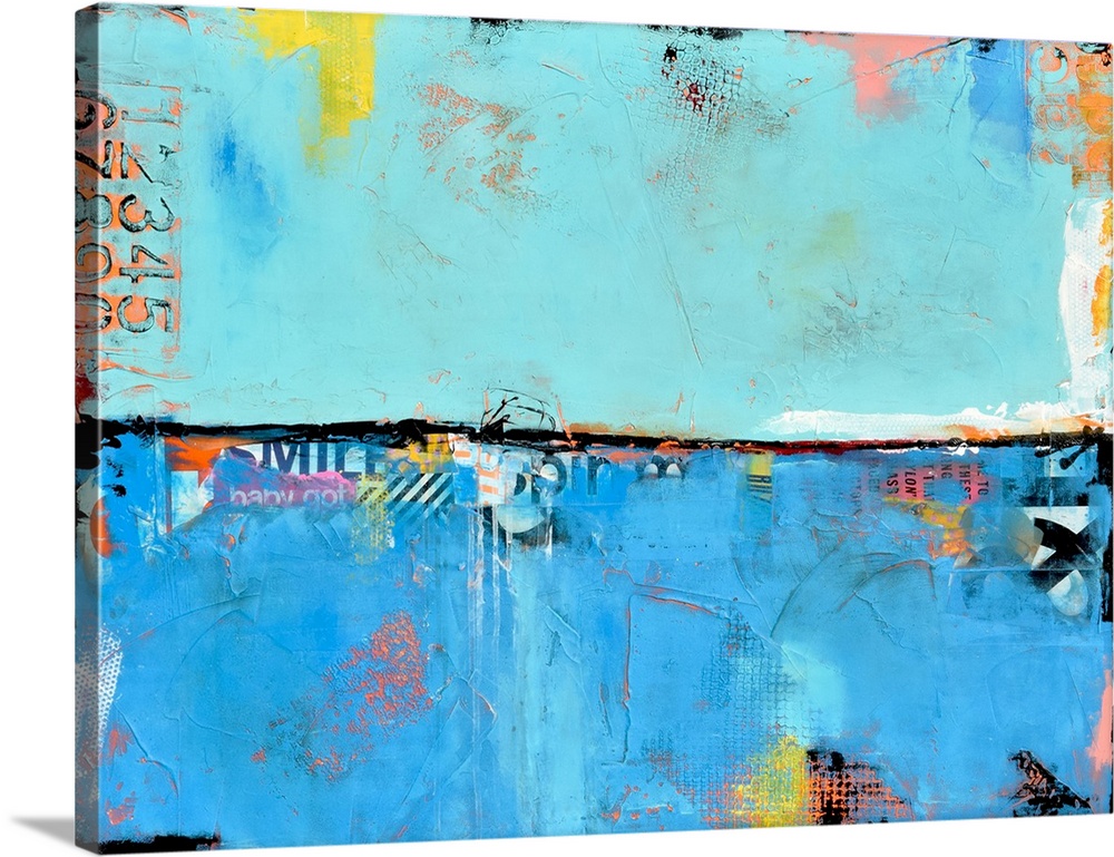 Contemporary abstract painting using blue and stenciled letters and numbers.