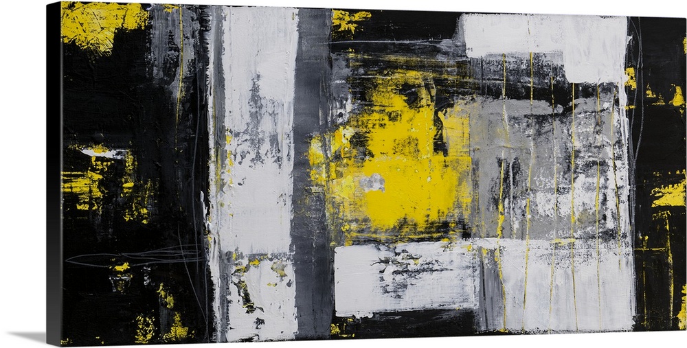 Horizontal abstract painting with layered black and white hues in rectangle shapes with pops of bright yellow overlapping.