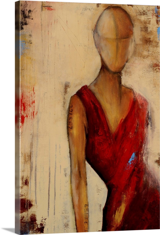Contemporary painting of a woman posing in a red dress.