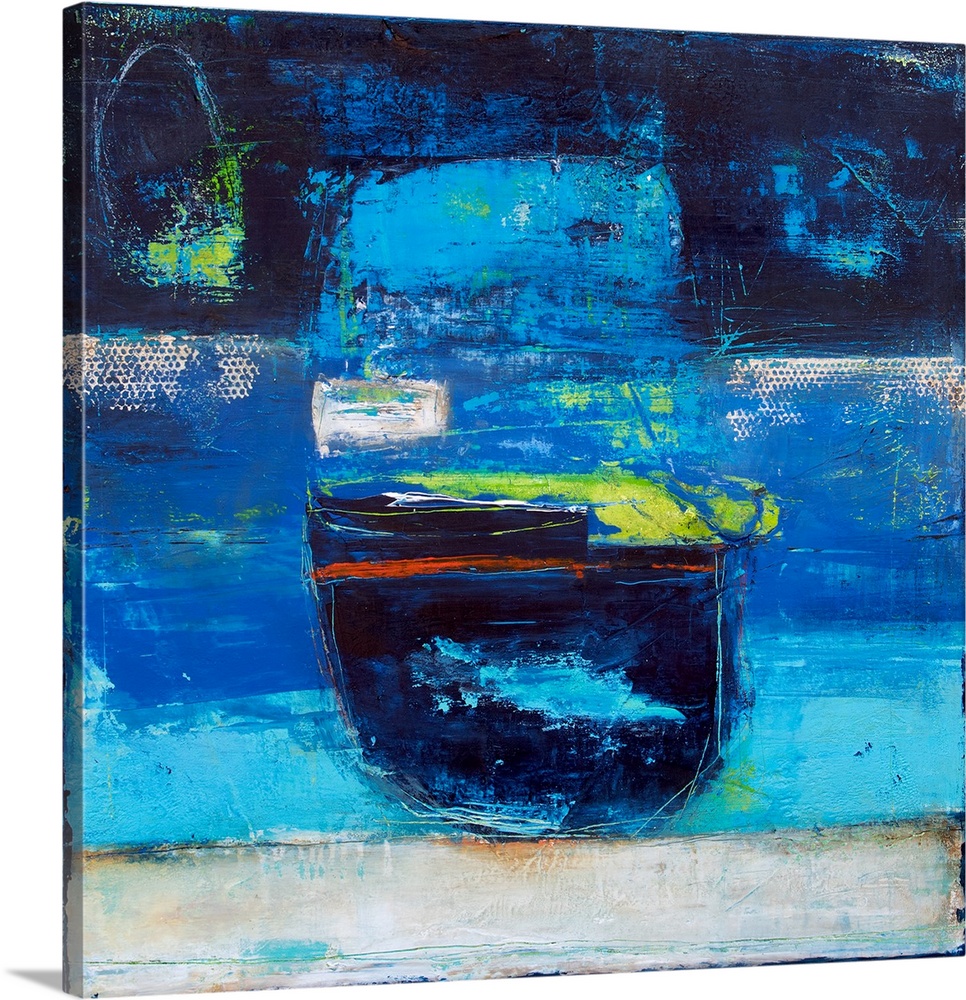 Square abstract painting with layered blue hues, pops of lime green, white, and orange, and a scratched sketch of a bowl i...