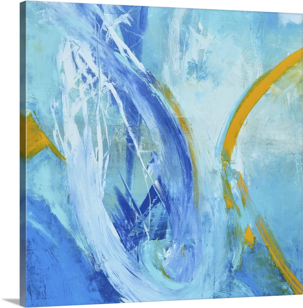 A contemporary abstract painting using tones of blue and pops of yellow.