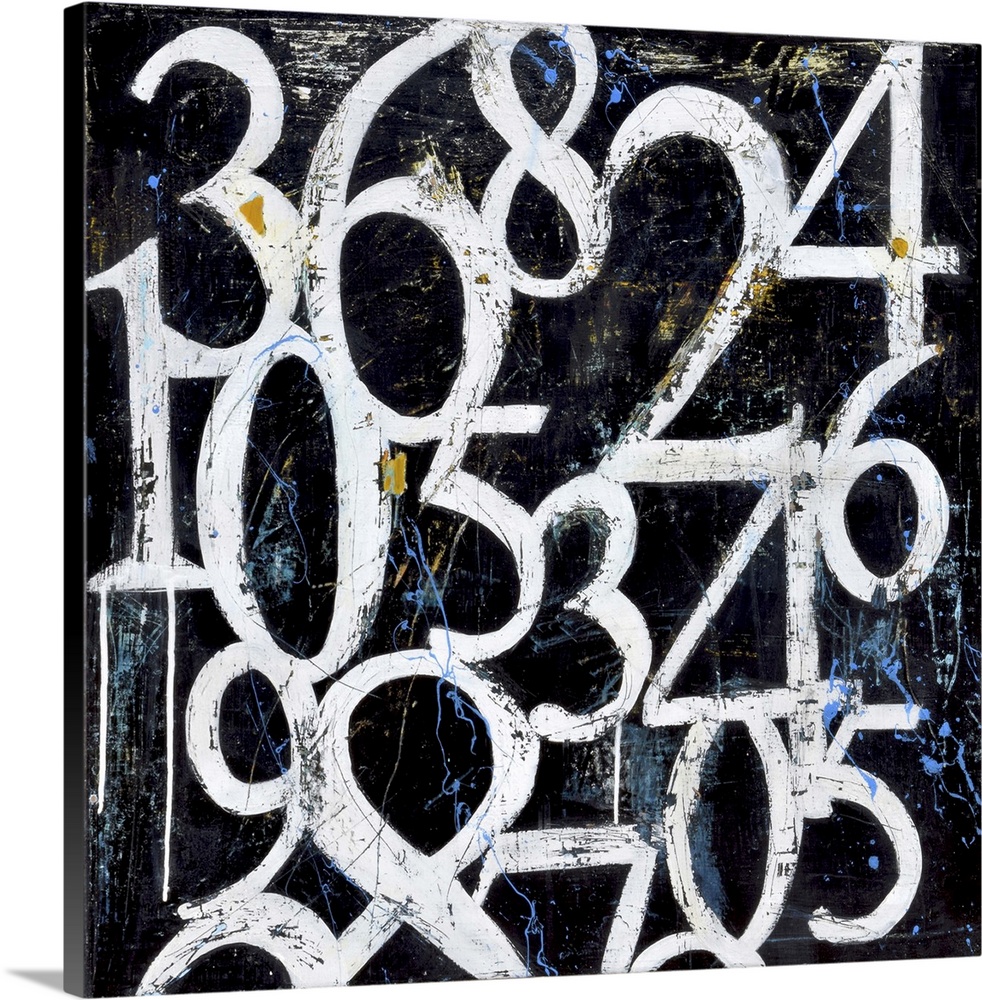 Contemporary painting of white grungy looking numbers against a black and blue background.