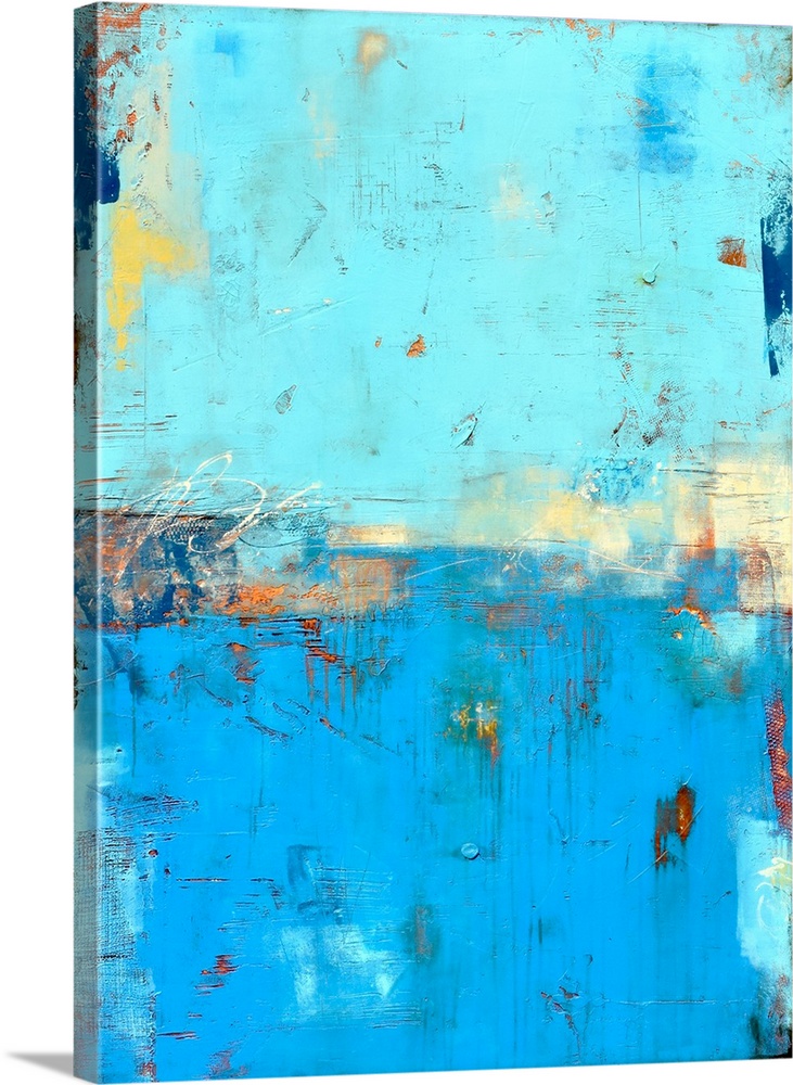 Contemporary abstract painting using blue tones mixed with earthy tones.