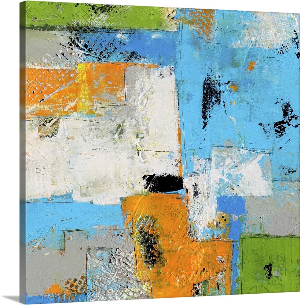 A square contemporary abstract painting with heavy textures and a variety of shapes and lines that appears visually busy. ...