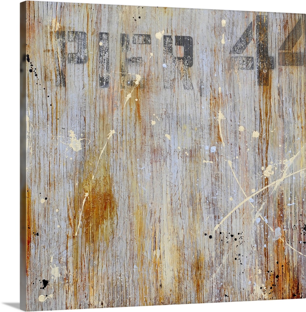 Oversized, square art reading "PIER 44" at the top in faded lettering.  The entire background has a rough and weathered te...