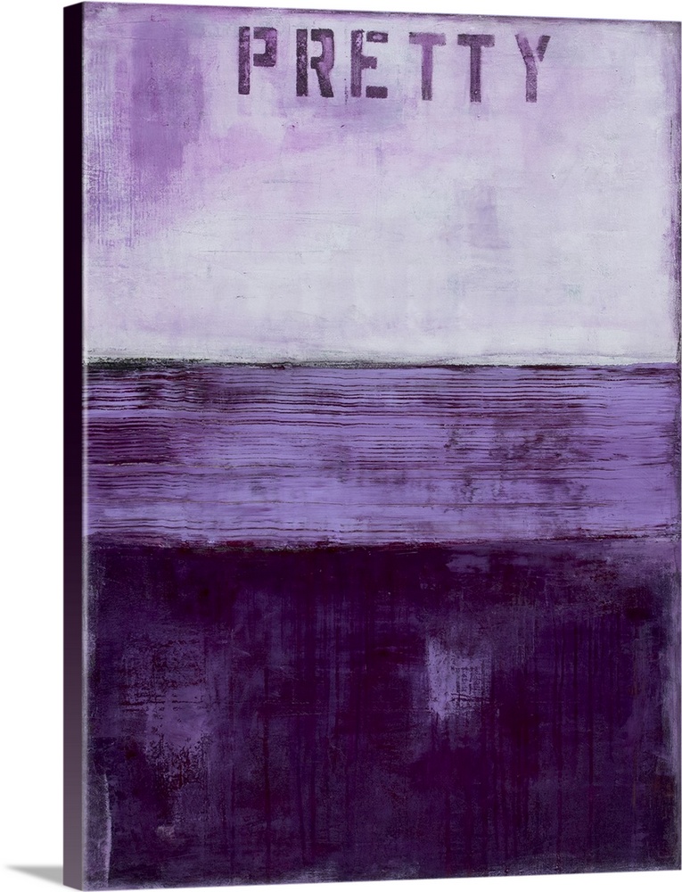 Vertical abstract artwork created with different shades of purple and the word "Pretty" stenciled at the top.