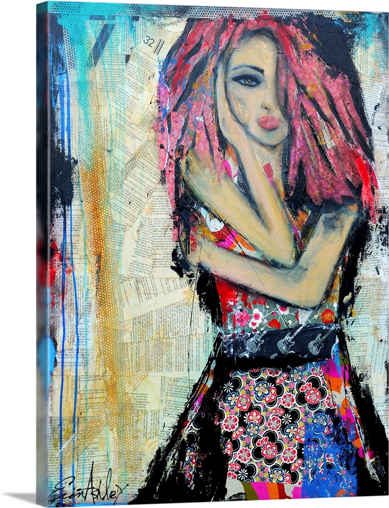 Portrait figurative artwork of a girl in a flower patterned dress with long pink hair and a guitar belt. On a background o...