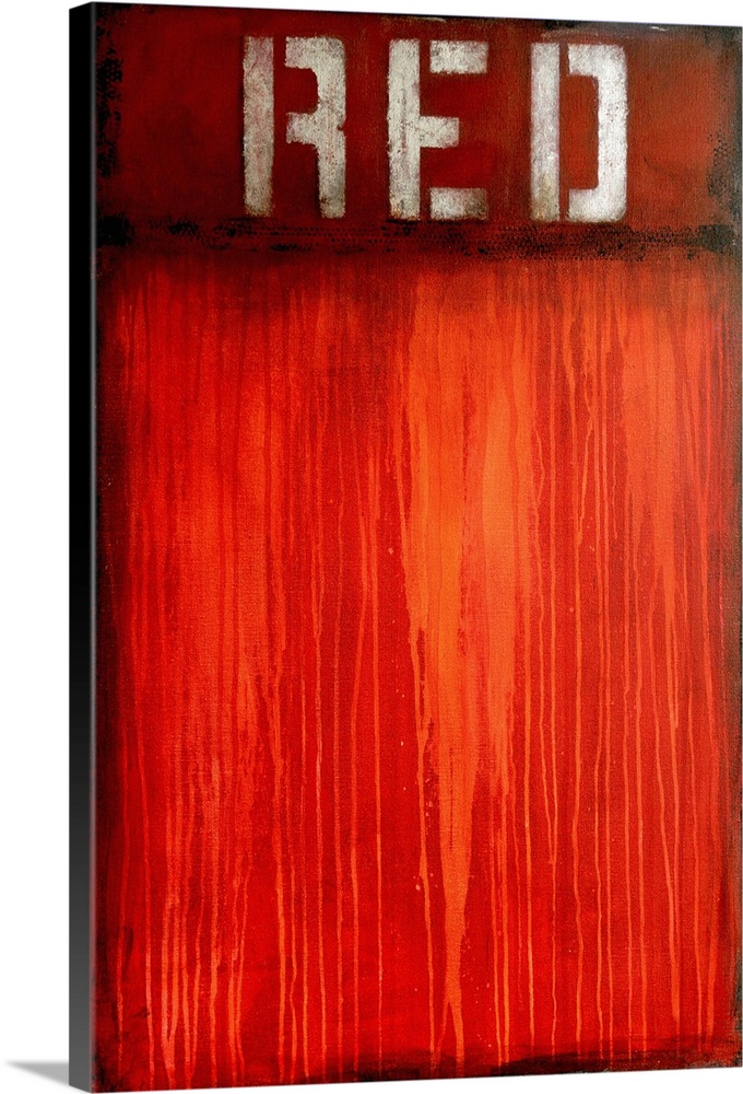 Contemporary abstract art created in shades of red with paint drips and the word 'Red' stenciled at the top.