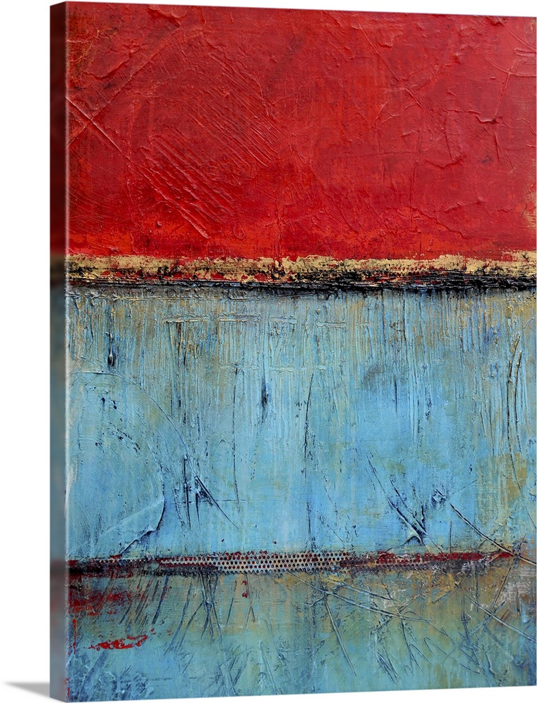 Contemporary abstract painting using bright red and blue contrasting with each other.