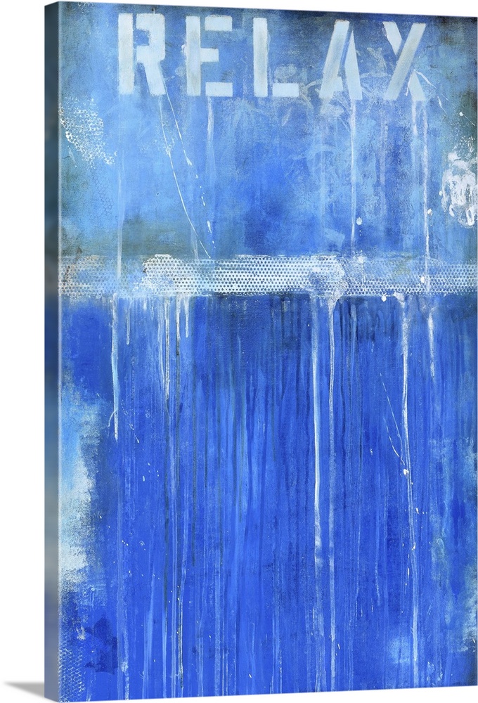 Contemporary abstract painting using vibrant blue with white drips and splatters from a stenciled word at the top of the i...