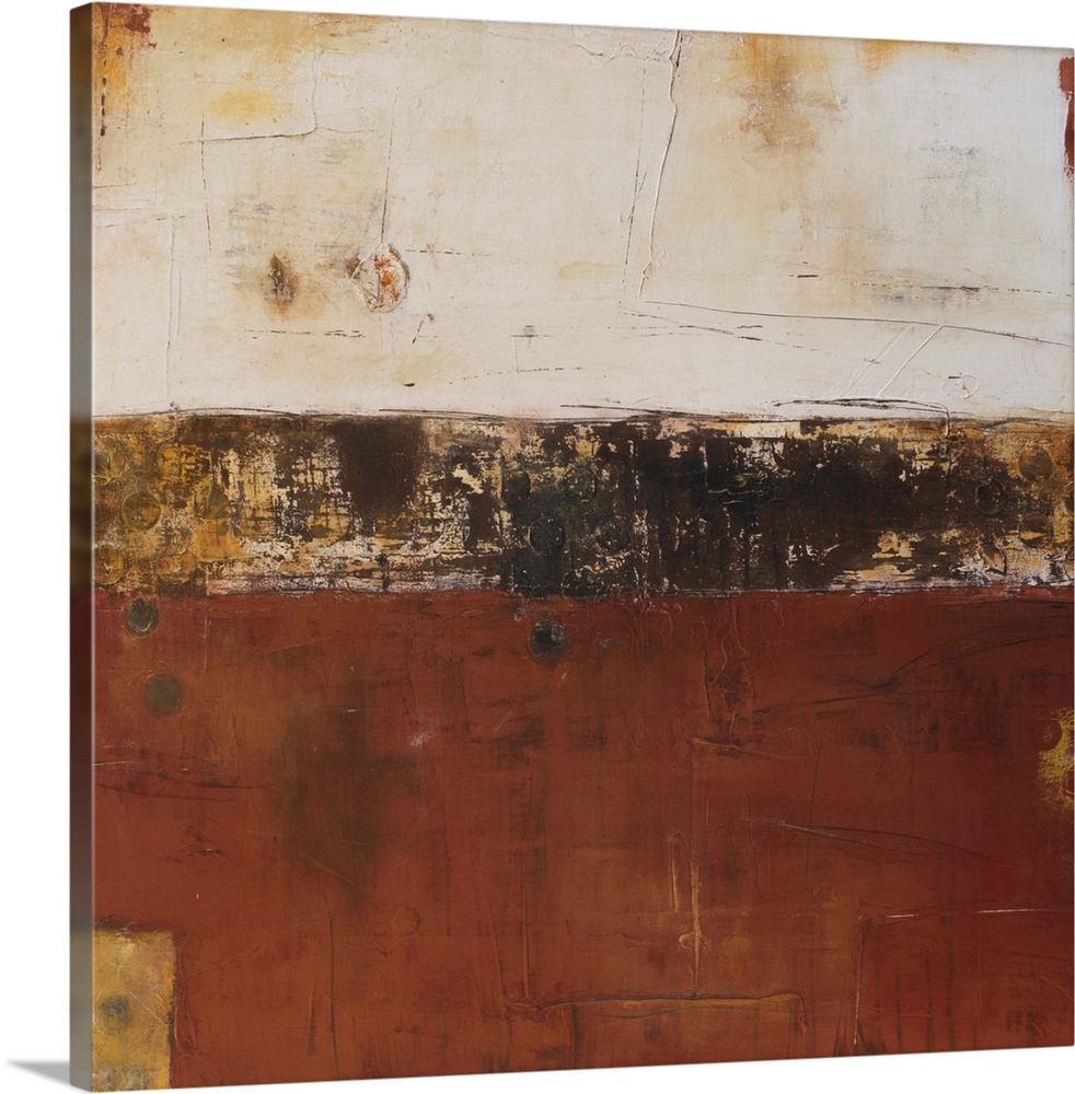 Contemporary abstract painting in copper and rust colored horizontal bands.