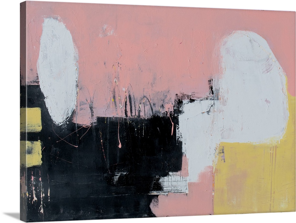 Horizontal abstract painting with a pale pink background and white, yellow, and black on top.