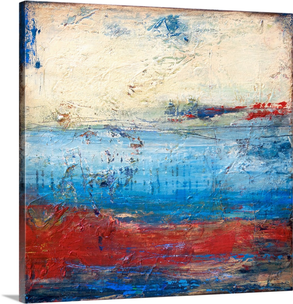 Square abstract painting with heavy texture and layered paint in shades of blue, red, and white.