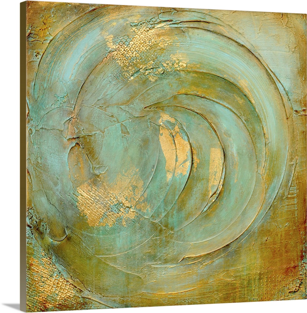 This heavily textured contemporary artwork features an abstract circular design with inspirational fish scale textures.