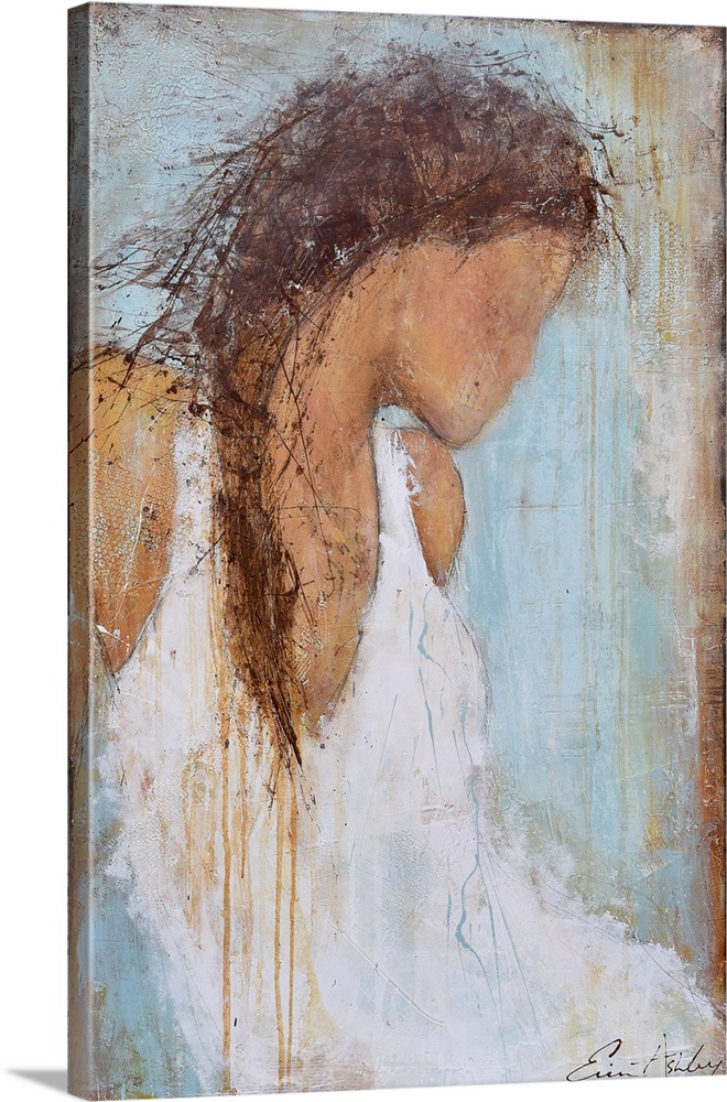 A contemporary abstract painting of a female figure with brown braided hair and wearing a white dress.