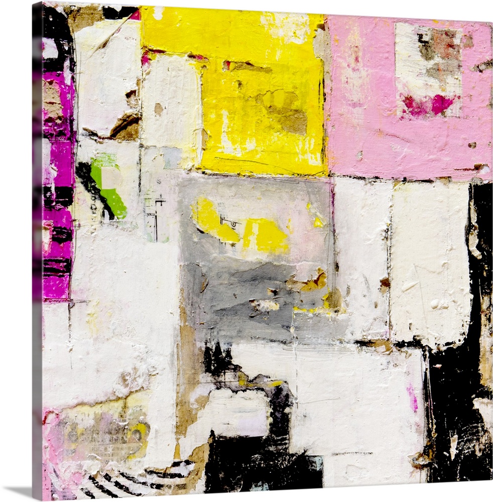 Contemporary abstract painting in a grungy style in pink, yellow, black, and white.