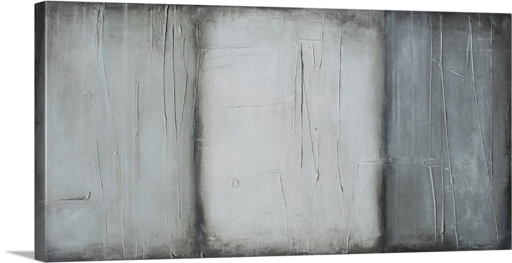 Wide abstract painting made into three sections with different shades of gray and thin lines on top creating texture and d...