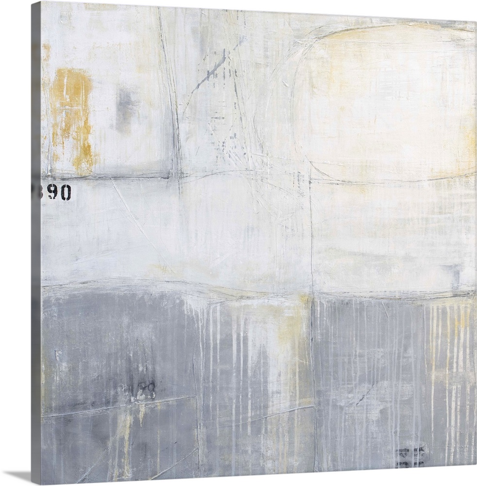 A square contemporary abstract painting that consists of a majority of both dark and light greys along with warm brown ton...