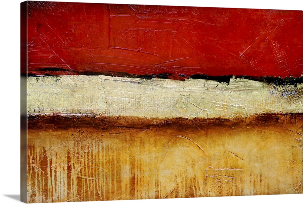 A heavily textured abstract painting of three different painting styles and colors stacked on top of each other.
