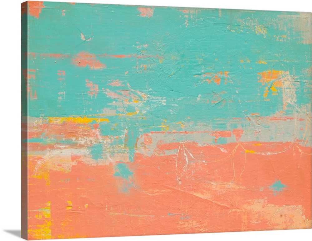 Warm blue and salmon pink colored abstract painting with pops of yellow and orange.