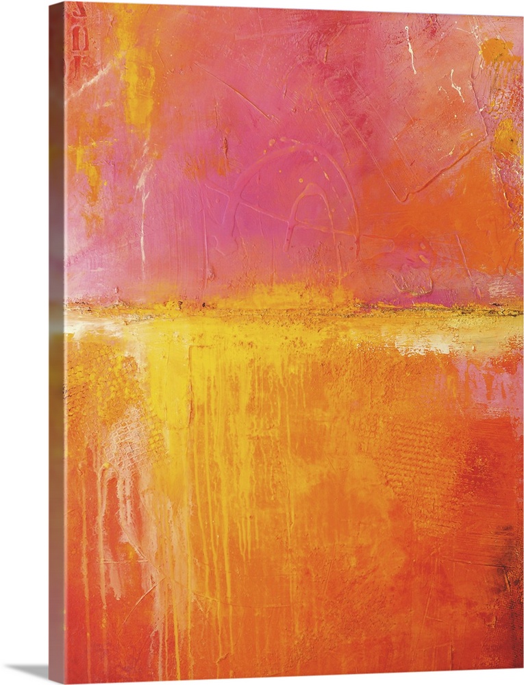 Contemporary abstract artwork in hot, intense colors, reminiscent of the ocean horizon during a sunset.