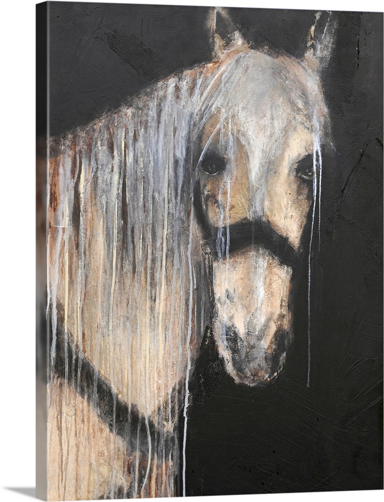 Painting of a horse on a dark background.