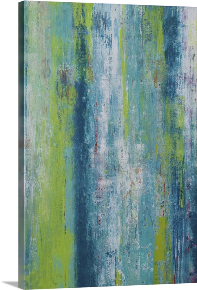 Contemporary abstract painting using dark green and blue tones.