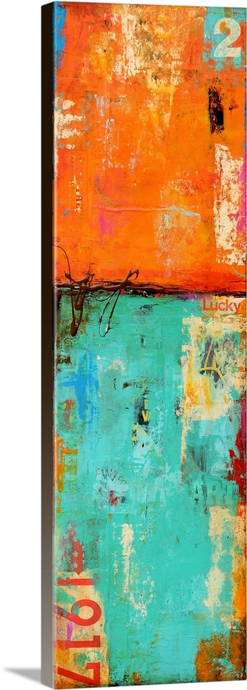 Vertical abstract artwork of vibrant orange and teal colors that reveals grunge lettering and graphical elements.