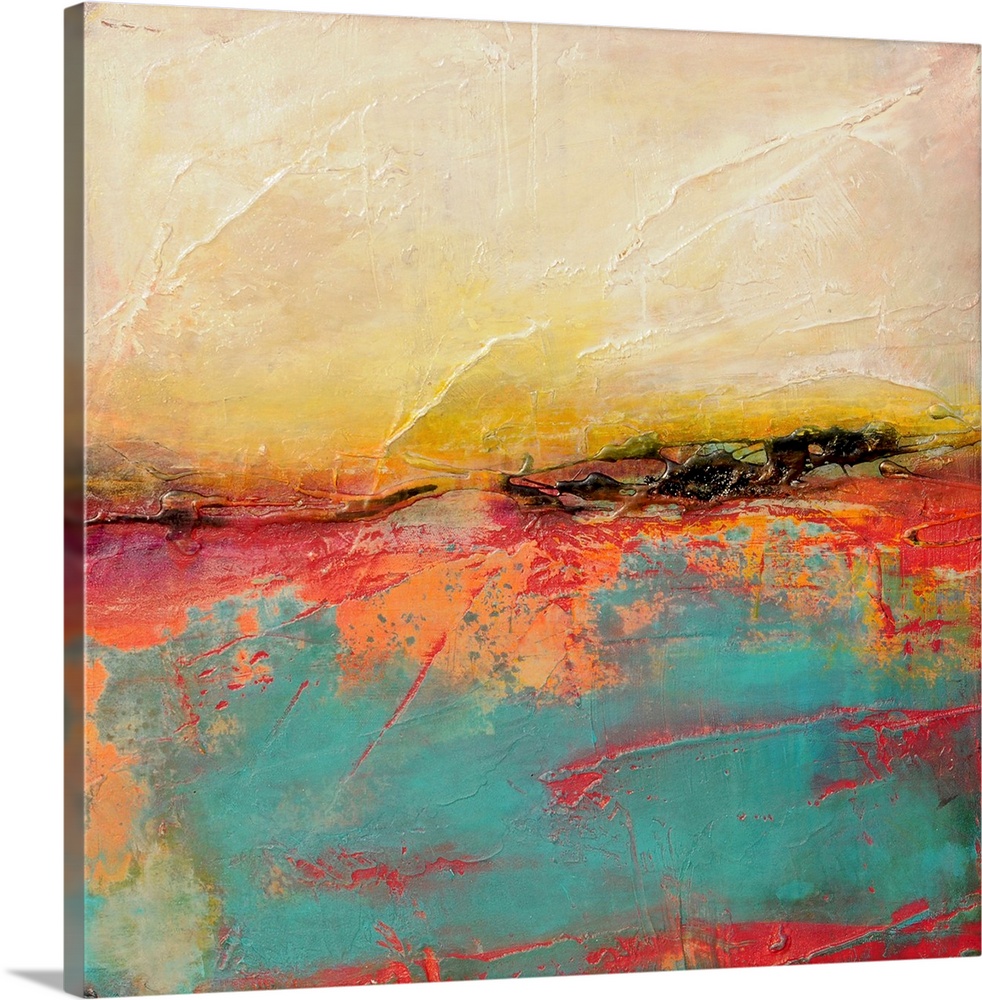 Vibrantly colored square abstract wall art with heavy paint textures.