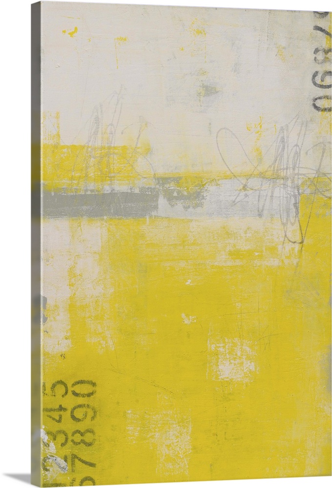 Bright contemporary abstract art in yellow and grey with stenciled numbers.