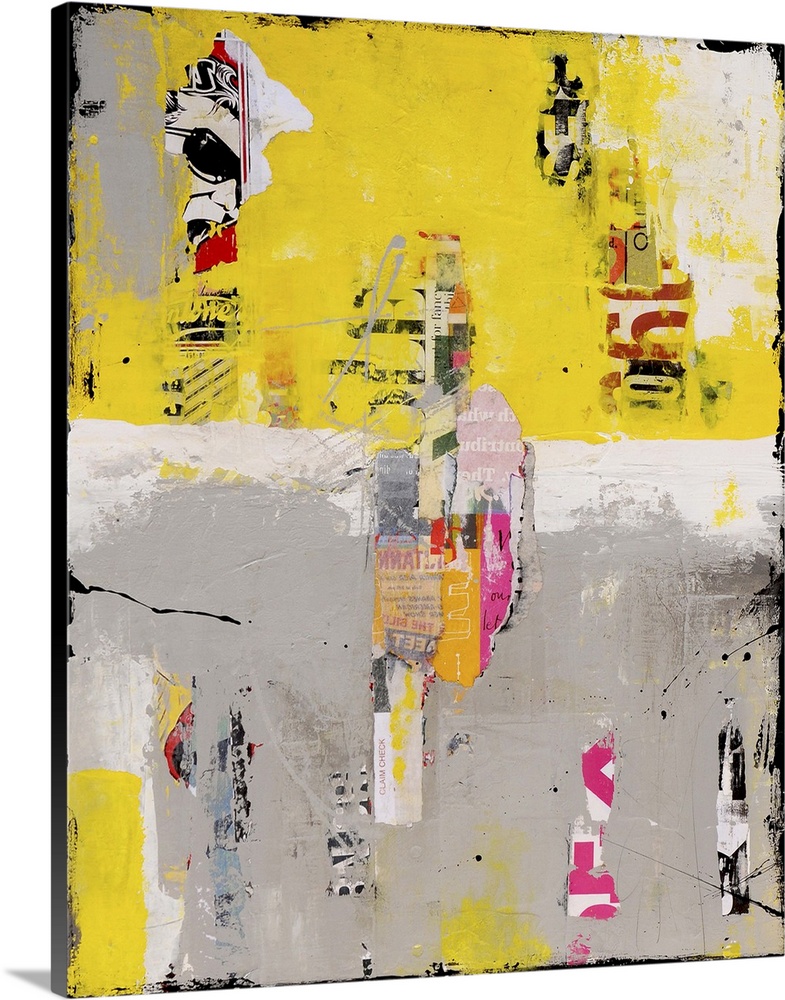 Mixed media abstract artwork in grey and yellow with found elements.