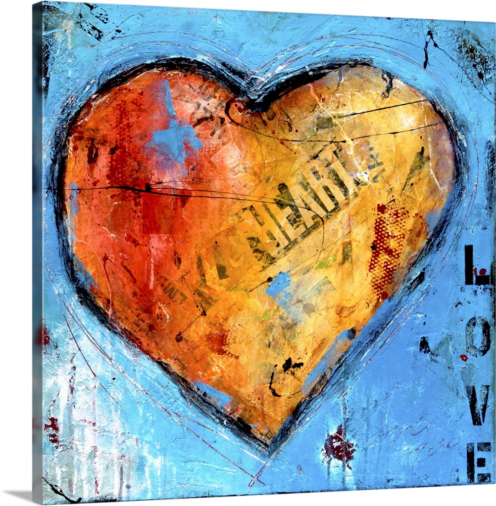 Contemporary artwork of a large orange heart with found lettering on blue.