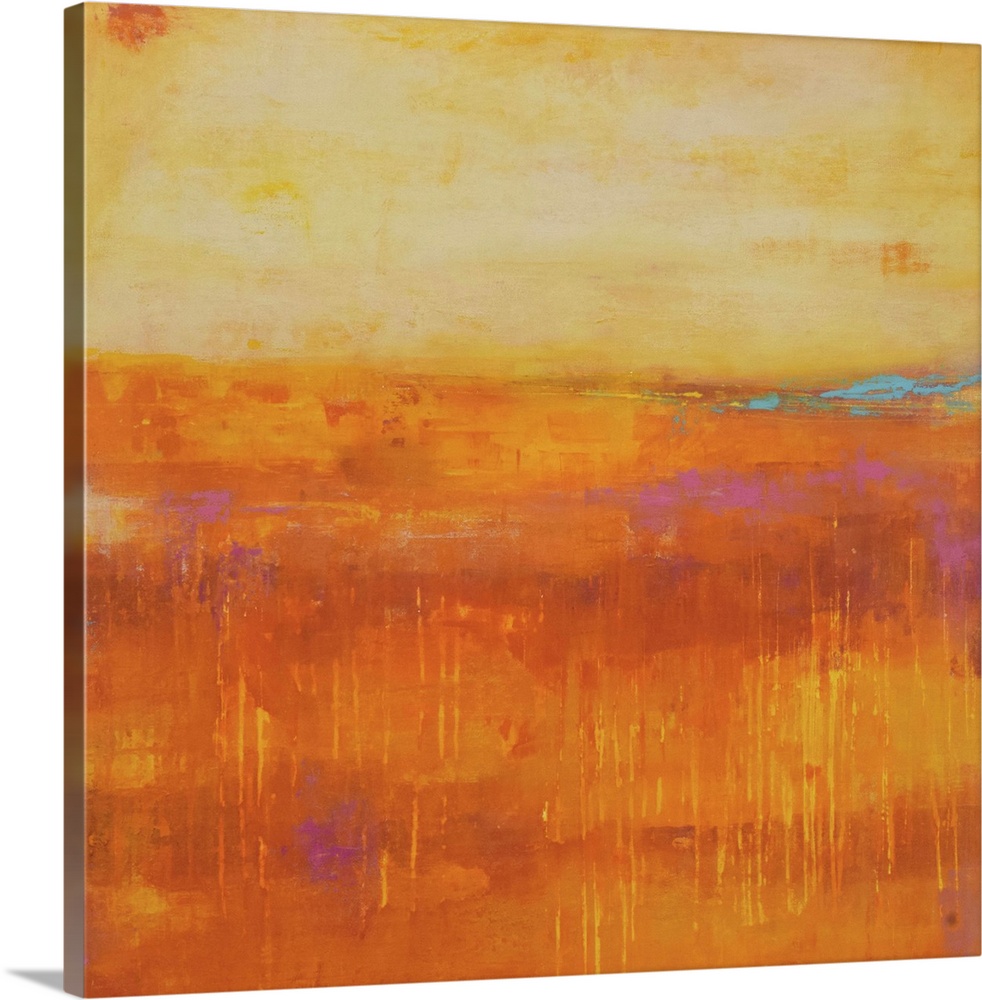 A contemporary abstract painting using a pale orange and a dark orange meeting face to face.