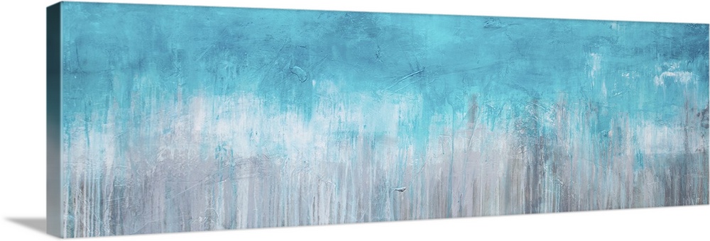 Horizontal abstract painting created with turquoise turning into grey with streaking lines running down to the bottom.