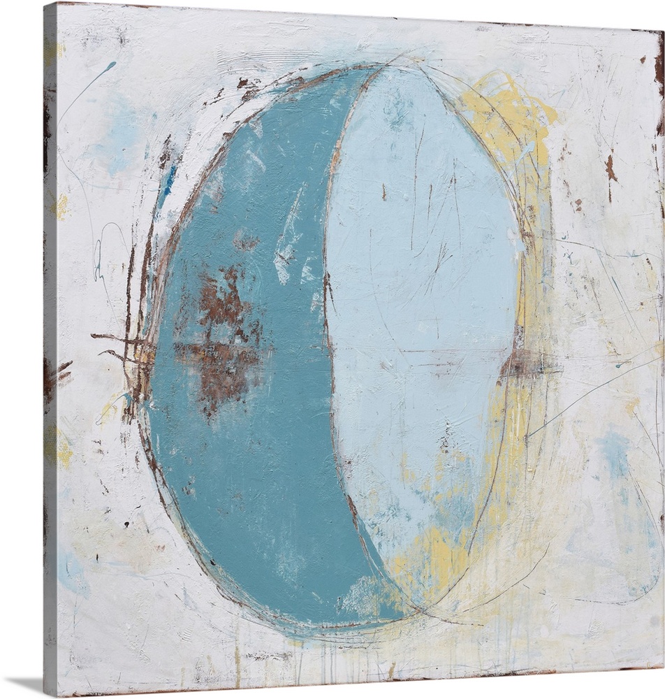 Contemporary abstract painting of a crescent shape in pale blue against a putty colored background.