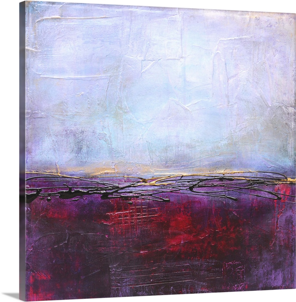 Contemporary abstract painting using deep red and purple.